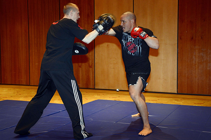 LAS VEGAS, NV - DECEMBER 13: UFC fighter Pat Barry (R) works out for the media during the Ultimate Fighter 16 Finale open workouts at The Joint at the Hard Rock Hotel and Casino on December 13, 2012 in Las Vegas, Nevada. (Photo by Jeff Bottari/Zuffa LLC/Zuffa LLC)