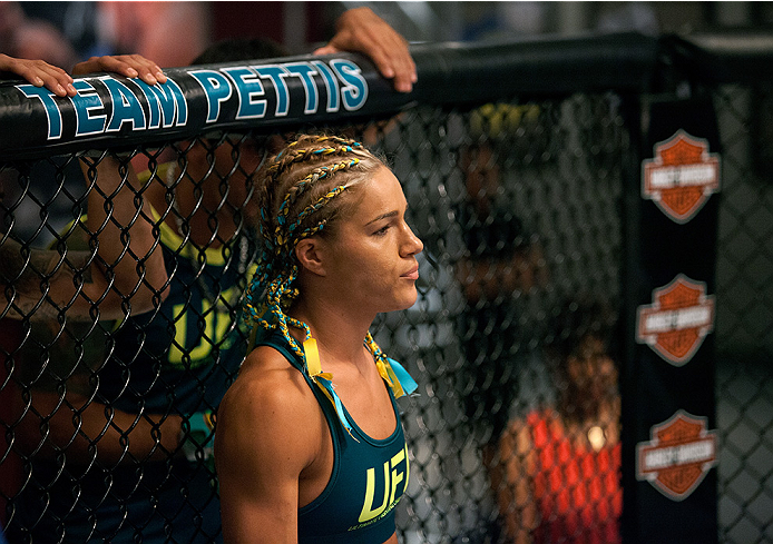 LAS VEGAS, NV - JULY 18: Team Pettis fighter Felice Herrig enters the Octagon before facing team Melendez fighter Heather Jo Clark during filming of season twenty of The Ultimate Fighter on July 18, 2014 in Las Vegas, Nevada. (Photo by Brandon Magnus/Zuffa LLC/Zuffa LLC via Getty Images)
