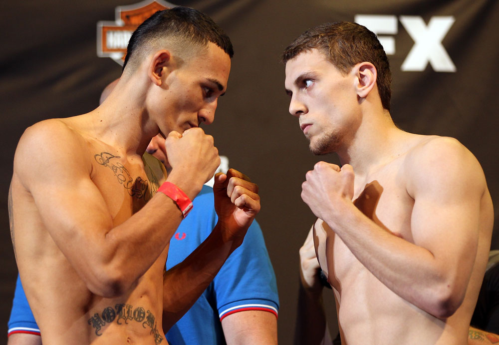LAS VEGAS, NV - MAY 31:   (L-R) Opponents Max Holloway and Pat Schilling face off after making weight during The Ultimate Fighter Live weigh in at the Palms Casino Resort on May 31, 2012 in Las Vegas, Nevada.  (Photo by Josh Hedges/Zuffa LLC/Zuffa LLC via Getty Images)  *** Local Caption *** Max Holloway; Pat Schilling