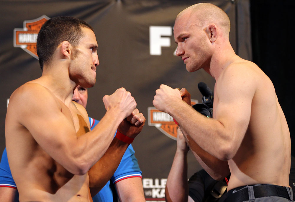 LAS VEGAS, NV - MAY 31:   (L-R) Opponents Jake Ellenberger and Martin Kampmann face off after making weight during The Ultimate Fighter Live weigh in at the Palms Casino Resort on May 31, 2012 in Las Vegas, Nevada.  (Photo by Josh Hedges/Zuffa LLC/Zuffa LLC via Getty Images)  *** Local Caption *** Jake Ellenberger; Martin Kampmann