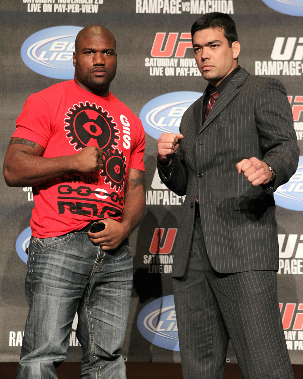 (L-R) Quinton "Rampage" Jackson and Lyoto "The Dragon" Machida pose for photos at the UFC 123 pre-fight press conference at the MGM Grand Hotel and Casino in Detroit, Michigan on November 17, 2010 (Photo by Josh Hedges/Zuffa LLC/Zuffa LLC via Getty Images)