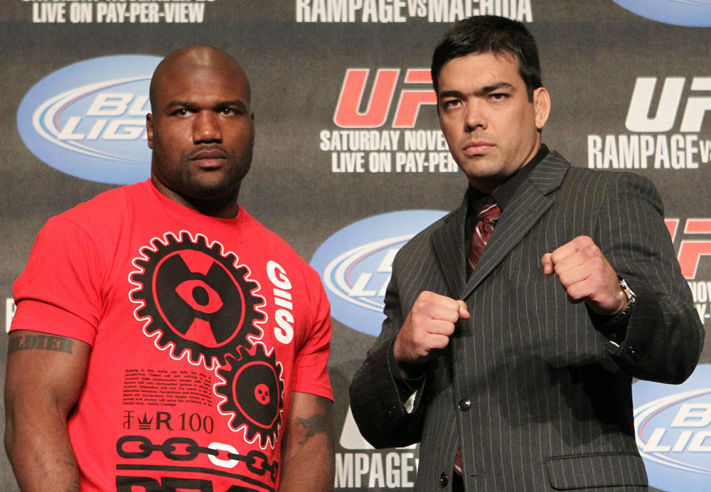 (L-R) Quinton "Rampage" Jackson and Lyoto "The Dragon" Machida pose for photos at the UFC 123 pre-fight press conference at the MGM Grand Hotel and Casino in Detroit, Michigan on November 17, 2010 (Photo by Josh Hedges/Zuffa LLC/Zuffa LLC via Getty Images)