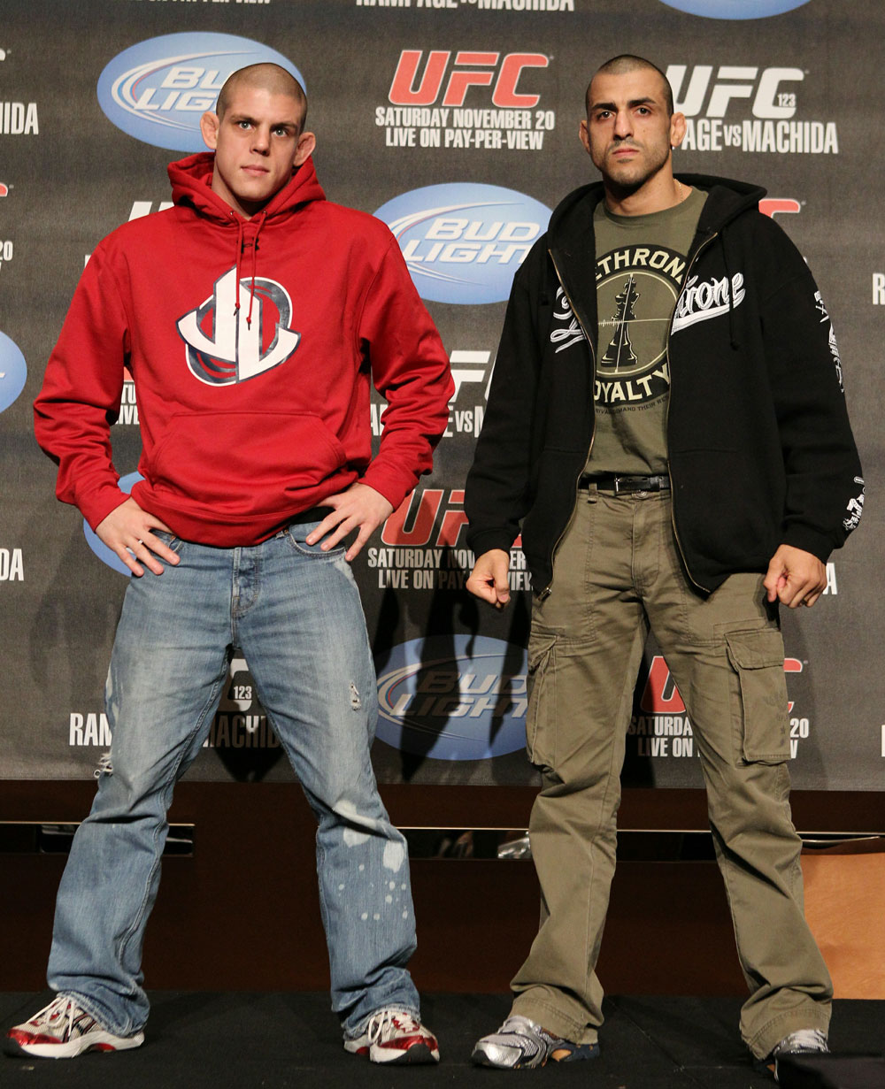 (L-R) Joe Lauzon and George Sotiropoulos pose for photos at the UFC 123 pre-fight press conference at the MGM Grand Hotel and Casino in Detroit, Michigan on November 17, 2010 (Photo by Josh Hedges/Zuffa LLC/Zuffa LLC via Getty Images)