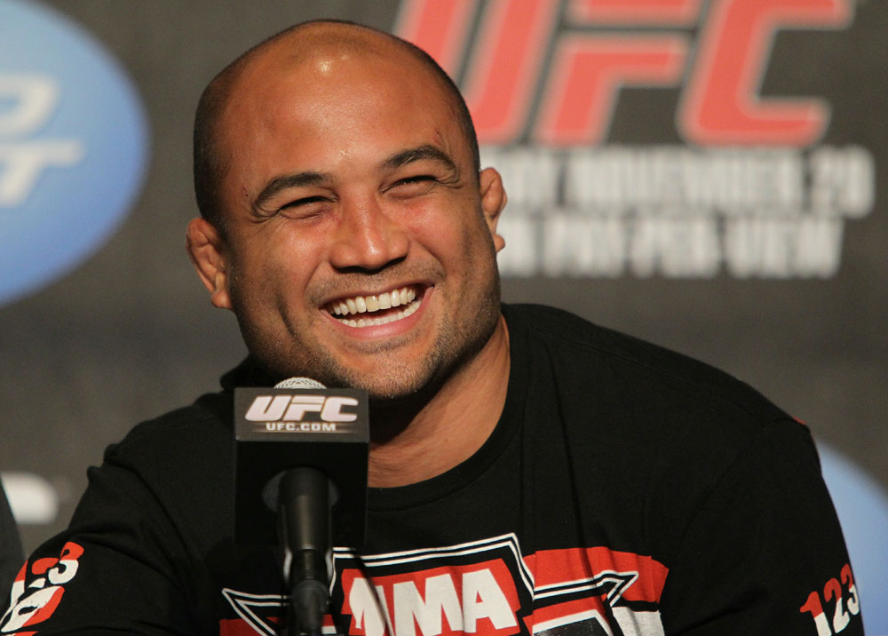 BJ Penn addresses the media at the UFC 123 pre-fight press conference at the MGM Grand Hotel and Casino in Detroit, Michigan on November 17, 2010  (Photo by Josh Hedges/Zuffa LLC/Zuffa LLC via Getty Images)