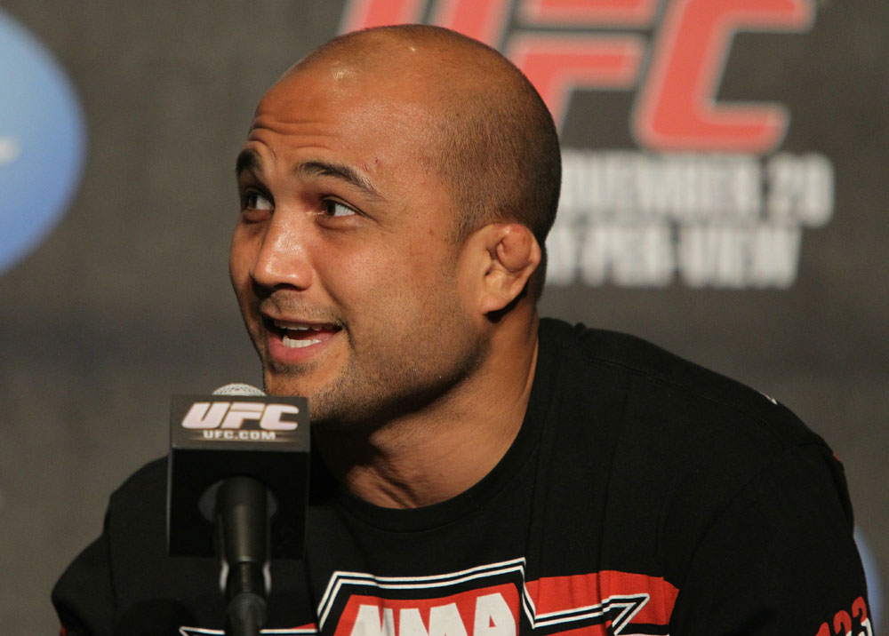 BJ Penn addresses the media at the UFC 123 pre-fight press conference at the MGM Grand Hotel and Casino in Detroit, Michigan on November 17, 2010  (Photo by Josh Hedges/Zuffa LLC/Zuffa LLC via Getty Images)