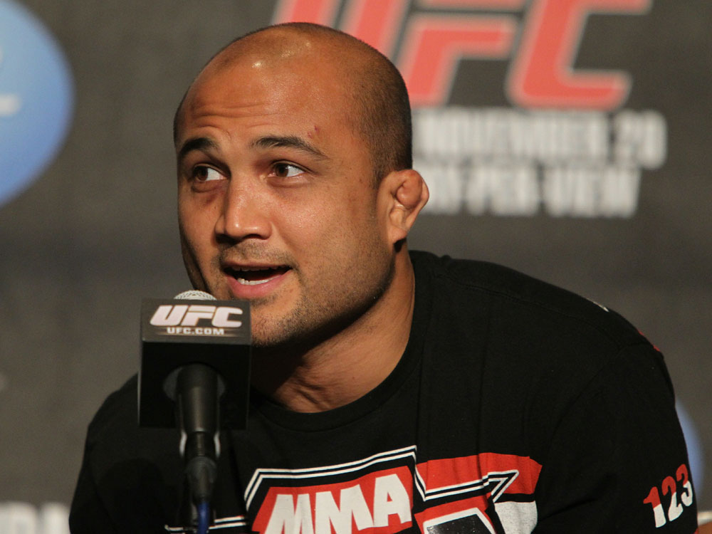 BJ Penn addresses the media at the UFC 123 pre-fight press conference at the MGM Grand Hotel and Casino in Detroit, Michigan on November 17, 2010  (Photo by Josh Hedges/Zuffa LLC/Zuffa LLC via Getty Images)