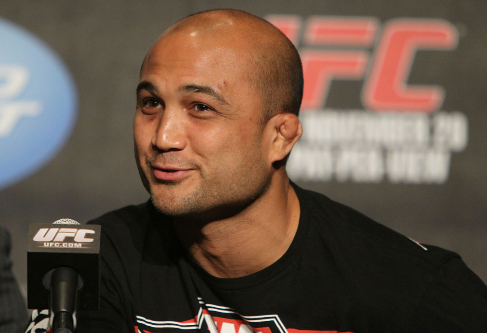 BJ Penn addresses the media at the UFC 123 pre-fight press conference at the MGM Grand Hotel and Casino in Detroit, Michigan on November 17, 2010  (Photo by Josh Hedges/Zuffa LLC/Zuffa LLC via Getty Images)