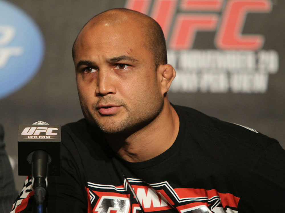 BJ Penn addresses the media at the UFC 123 pre-fight press conference at the MGM Grand Hotel and Casino in Detroit, Michigan on November 17, 2010  (Photo by Josh Hedges/Zuffa LLC/Zuffa LLC via Getty Images)