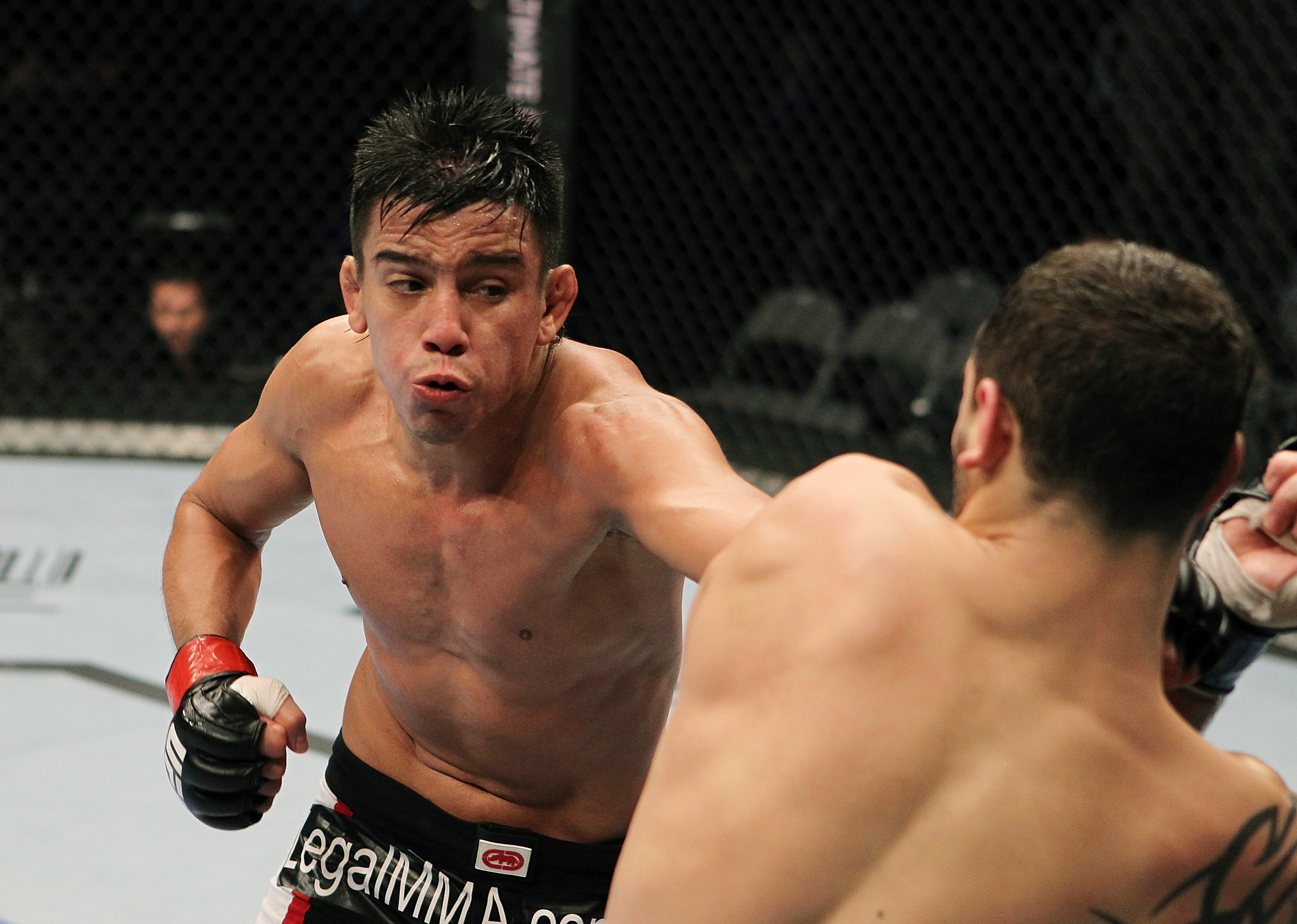 SAN JOSE, CA - NOVEMBER 19: (R-L) Miguel Torres punches Nick Pace during an UFC Bantamweight bout at the HP Pavilion in San Jose, California on November 19, 2011 in San Jose, California. (Photo by Josh Hedges/Zuffa LLC/Zuffa LLC via Getty Images)