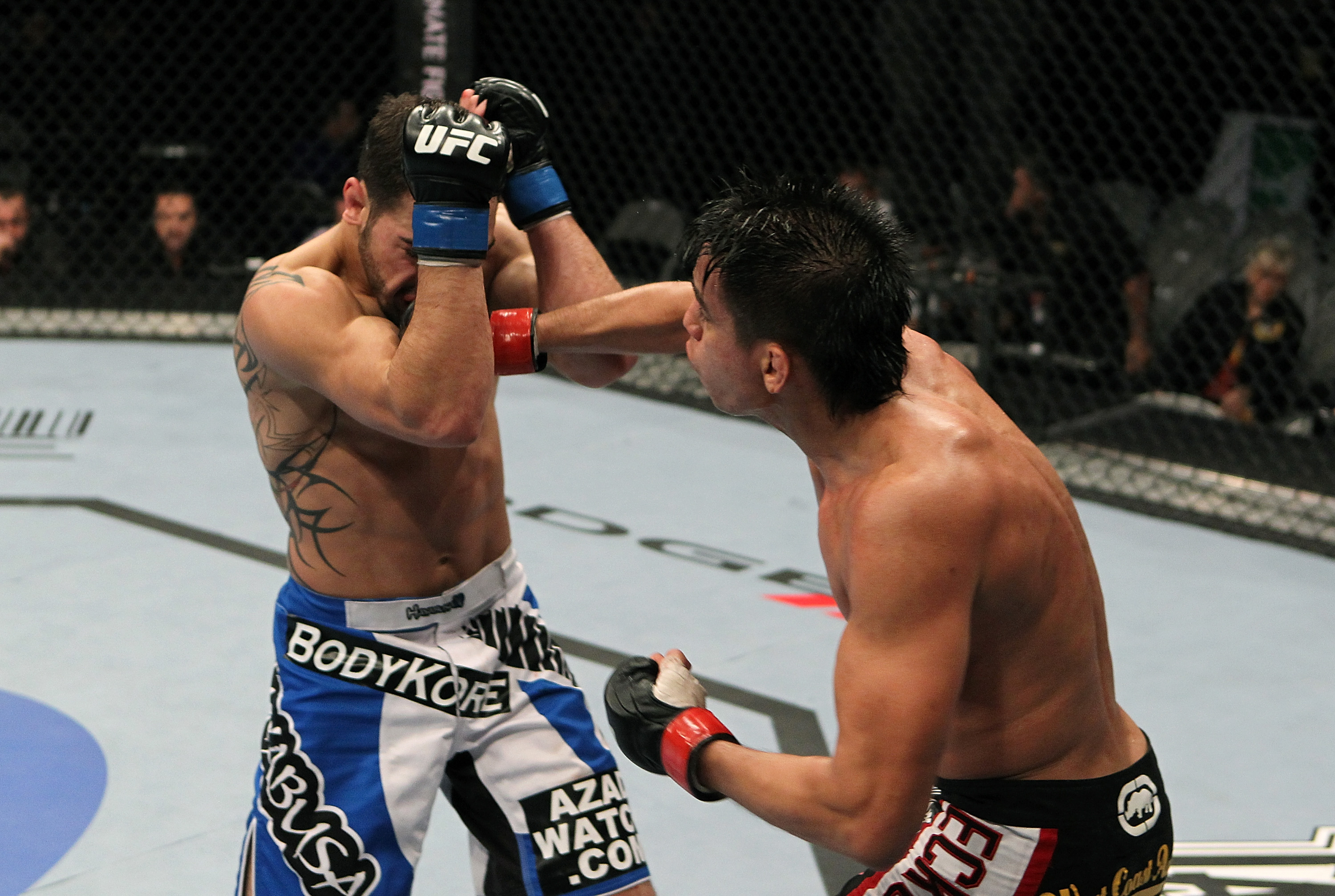 SAN JOSE, CA - NOVEMBER 19: (R-L) Miguel Torres punches Nick Pace during an UFC Bantamweight bout at the HP Pavillion in San Jose, California on November 19, 2011 in San Jose, California. (Photo by Josh Hedges/Zuffa LLC/Zuffa LLC via Getty Images)