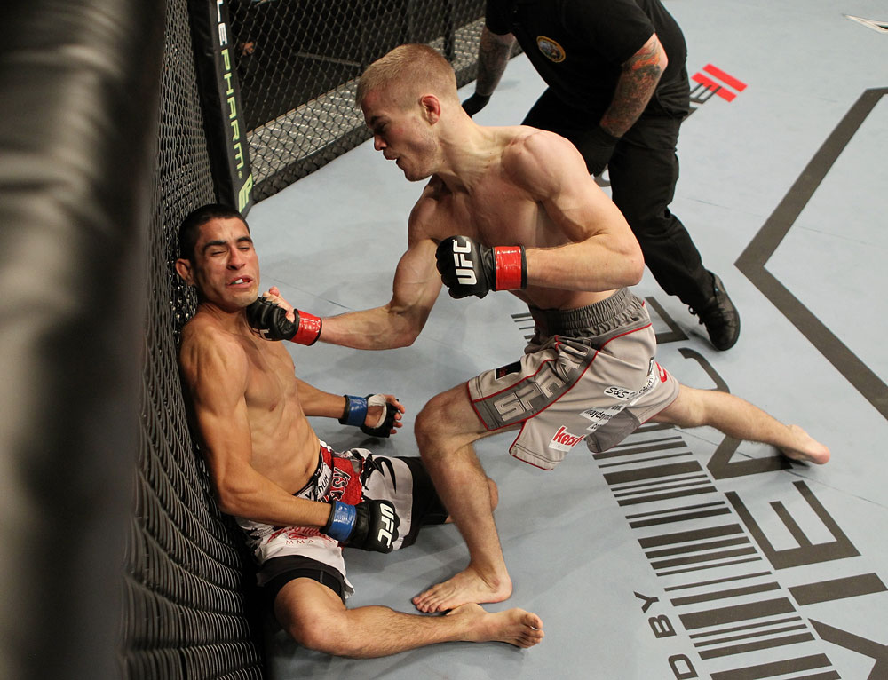 SAN JOSE, CA - NOVEMBER 19: Michael McDonald knocking out Alex Soto after at a UFC Bantamweight bout after fifty-six seconds into the first round at the HP Pavilion on November 19, 2011 in San Jose, California. (Photo by Josh Hedges/Zuffa LLC/Zuffa LLC via Getty Images)