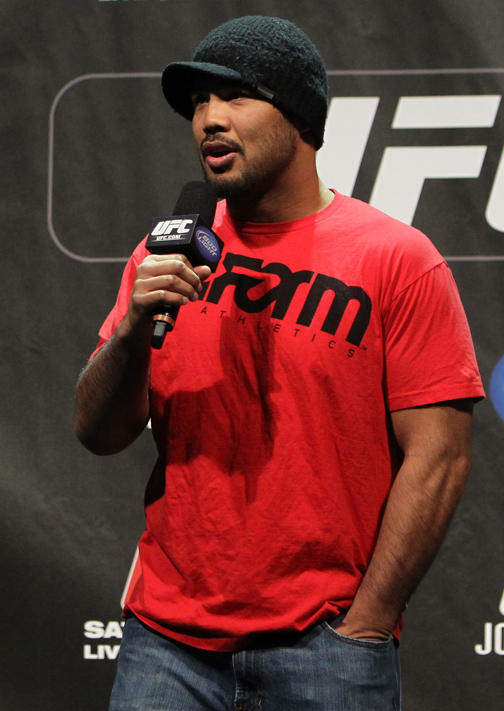 TORONTO, ON - DECEMBER 09:  UFC Middleweight contender Mark Munoz interacts with fans during a Q&A session before the UFC 140 Official Weigh-in at the Air Canada Centre on December 9, 2011 in Toronto, Canada.  (Photo by Josh Hedges/Zuffa LLC/Zuffa LLC via Getty Images)