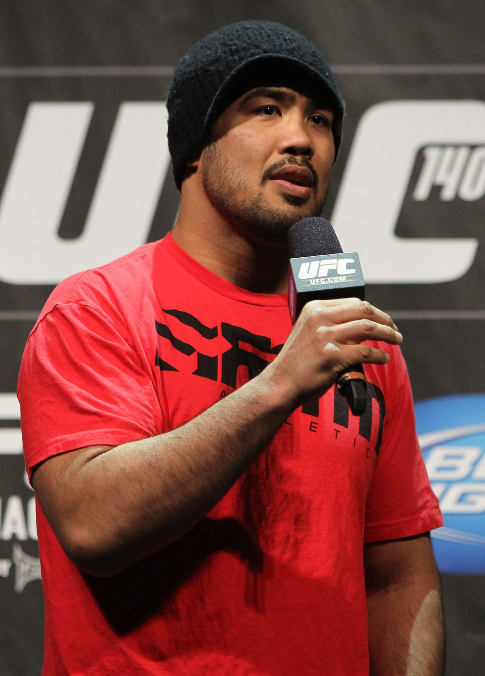 TORONTO, ON - DECEMBER 09:  UFC Middleweight contender Mark Munoz interacts with fans during a Q&A session before the UFC 140 Official Weigh-in at the Air Canada Centre on December 9, 2011 in Toronto, Canada.  (Photo by Josh Hedges/Zuffa LLC/Zuffa LLC via Getty Images)