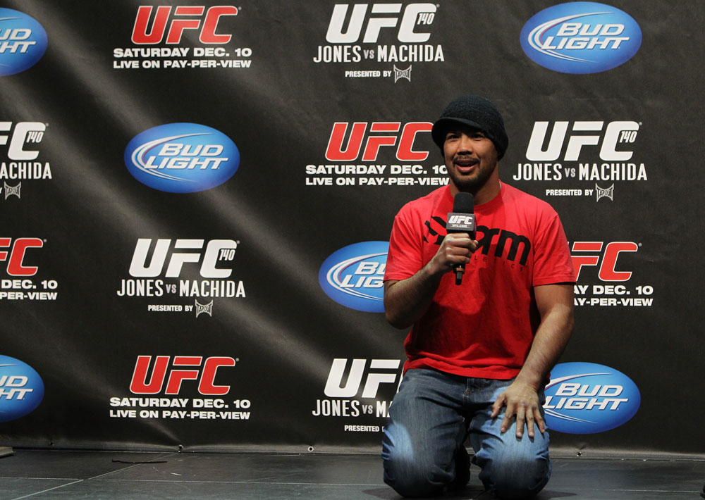 TORONTO, ON - DECEMBER 09:  UFC Middleweight contender Mark Munoz interacts with fans during a Q&A session before the UFC 140 Official Weigh-in at the Air Canada Centre on December 9, 2011 in Toronto, Canada.  (Photo by Josh Hedges/Zuffa LLC/Zuffa LLC via Getty Images)