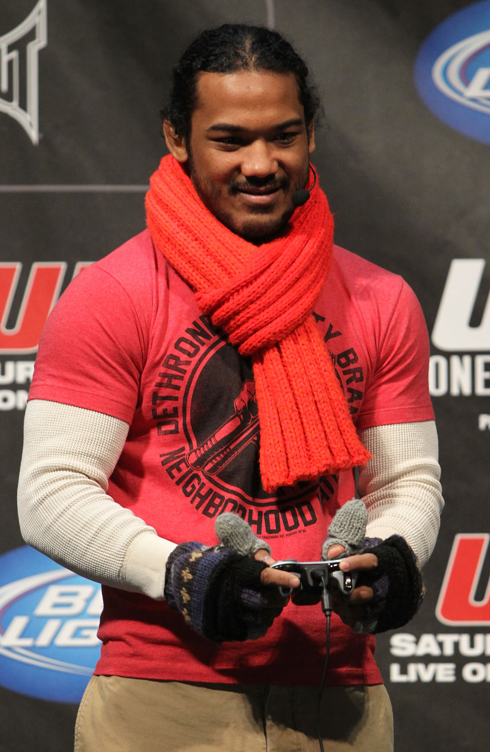 TORONTO, ON - DECEMBER 09:  UFC Lightweight contender Benson Henderson battles champion Frankie Edgar on the UFC Undisputed 3 videogame before the UFC 140 Official Weigh-in at the Air Canada Centre on December 9, 2011 in Toronto, Canada.  (Photo by Josh Hedges/Zuffa LLC/Zuffa LLC via Getty Images)