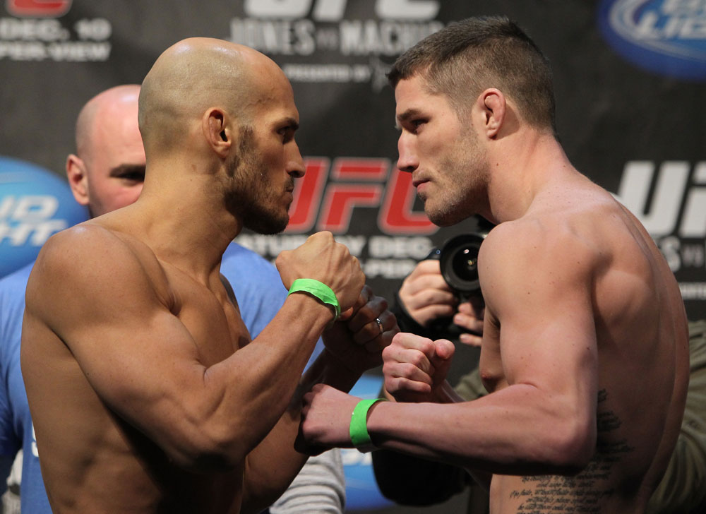 TORONTO, ON - DECEMBER 09:  (L-R) Middleweight opponents Rich Attonito and Jake Hecht face off after weighing in during the UFC 140 Official Weigh-in at the Air Canada Centre on December 9, 2011 in Toronto, Canada.  (Photo by Josh Hedges/Zuffa LLC/Zuffa LLC via Getty Images)