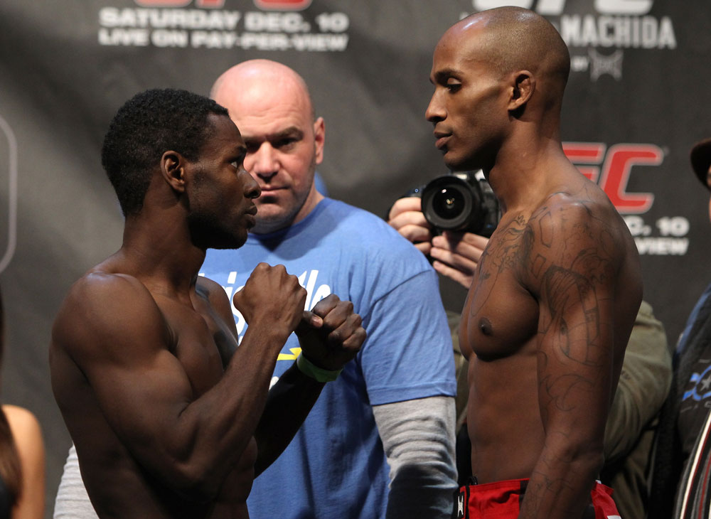 TORONTO, ON - DECEMBER 09:  (L-R) Bantamweight opponents Yves Jabouin and Walel Watson face off after weighing in during the UFC 140 Official Weigh-in at the Air Canada Centre on December 9, 2011 in Toronto, Canada.  (Photo by Josh Hedges/Zuffa LLC/Zuffa LLC via Getty Images)
