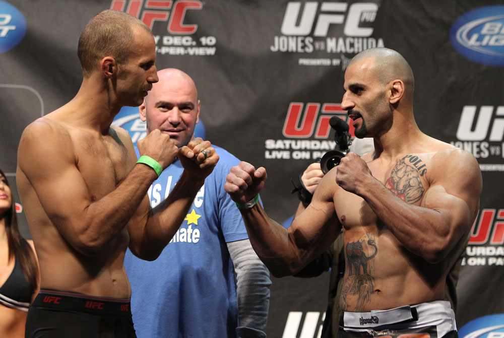 TORONTO, ON - DECEMBER 09:  (L-R) Middleweight opponents Jared Hamman and Constantinos Philippou face off after weighing in during the UFC 140 Official Weigh-in at the Air Canada Centre on December 9, 2011 in Toronto, Canada.  (Photo by Josh Hedges/Zuffa LLC/Zuffa LLC via Getty Images)