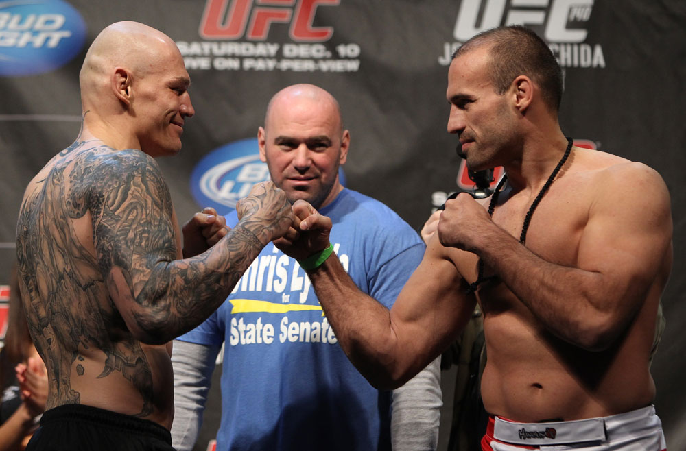 TORONTO, ON - DECEMBER 09:  (L-R) Light Heavyweight opponents Krzysztof Soszynski and Igor Pokrajac face off after weighing in during the UFC 140 Official Weigh-in at the Air Canada Centre on December 9, 2011 in Toronto, Canada.  (Photo by Josh Hedges/Zuffa LLC/Zuffa LLC via Getty Images)