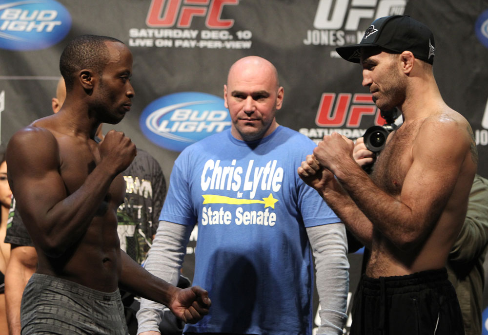 TORONTO, ON - DECEMBER 09:  (L-R) Welterweight opponents Claude Patrick and Brian Ebersole face off after weighing in during the UFC 140 Official Weigh-in at the Air Canada Centre on December 9, 2011 in Toronto, Canada.  (Photo by Josh Hedges/Zuffa LLC/Zuffa LLC via Getty Images)