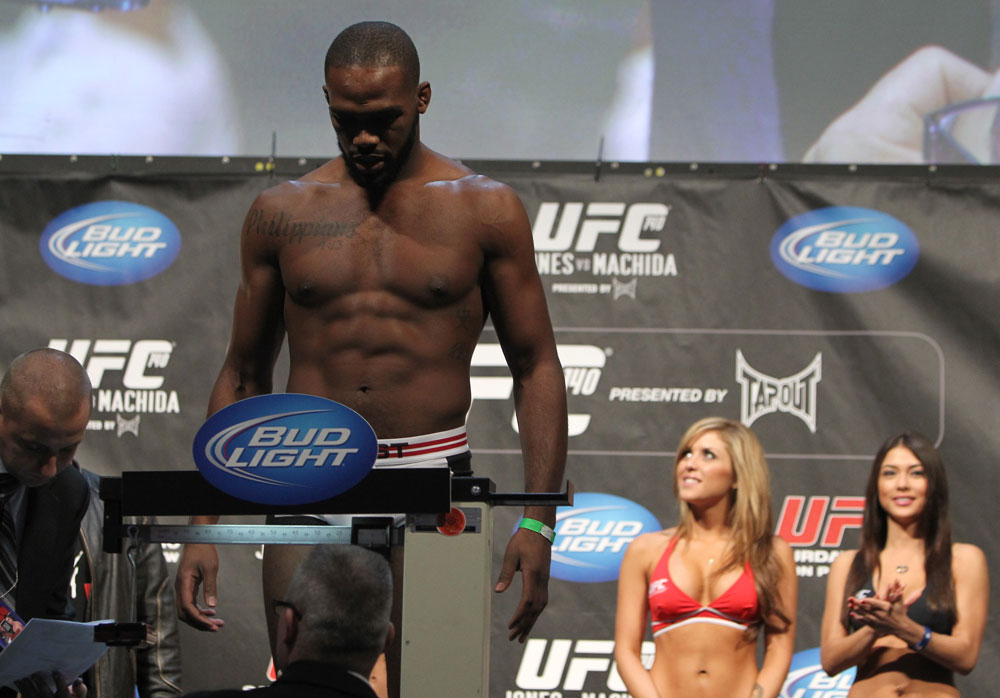 TORONTO, ON - DECEMBER 09:  UFC Light Heavyweight Champion Jon "Bones" Jones weighs in during the UFC 140 Official Weigh-in at the Air Canada Centre on December 9, 2011 in Toronto, Canada.  (Photo by Josh Hedges/Zuffa LLC/Zuffa LLC via Getty Images)