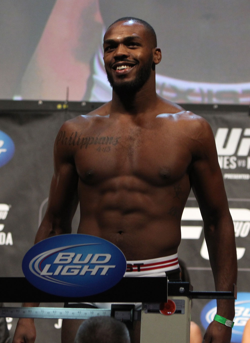 TORONTO, ON - DECEMBER 09:  UFC Light Heavyweight Champion Jon "Bones" Jones weighs in during the UFC 140 Official Weigh-in at the Air Canada Centre on December 9, 2011 in Toronto, Canada.  (Photo by Josh Hedges/Zuffa LLC/Zuffa LLC via Getty Images)