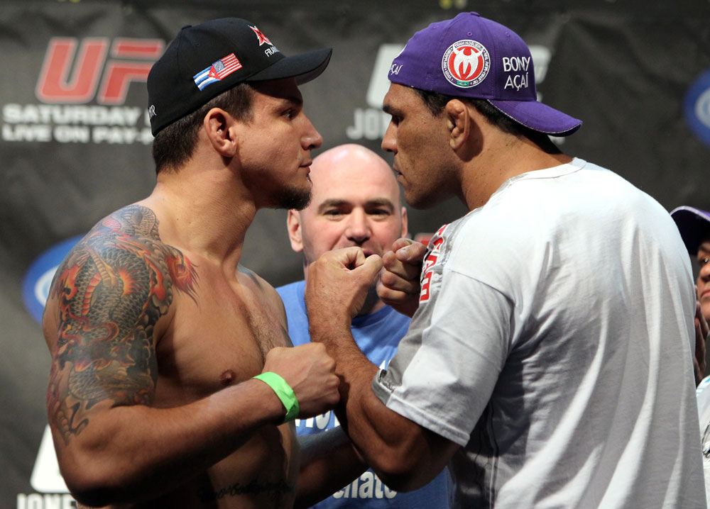 TORONTO, ON - DECEMBER 09:  (L-R) Heavyweight opponents Frank Mir and Antonio Rodrigo "Minotauro" Nogueira face off after weighing in during the UFC 140 Official Weigh-in at the Air Canada Centre on December 9, 2011 in Toronto, Canada.  (Photo by Josh Hedges/Zuffa LLC/Zuffa LLC via Getty Images)