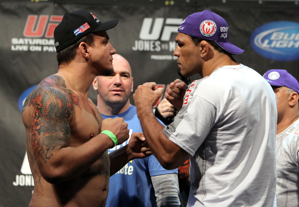 TORONTO, ON - DECEMBER 09:  (L-R) Heavyweight opponents Frank Mir and Antonio Rodrigo "Minotauro" Nogueira face off after weighing in during the UFC 140 Official Weigh-in at the Air Canada Centre on December 9, 2011 in Toronto, Canada.  (Photo by Josh Hedges/Zuffa LLC/Zuffa LLC via Getty Images)