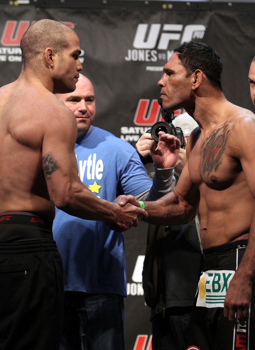 TORONTO, ON - DECEMBER 09:  (L-R) Light Heavyweight opponents Tito Ortiz and Antonio Rogerio "Minotoro" Nogueira face off after weighing in during the UFC 140 Official Weigh-in at the Air Canada Centre on December 9, 2011 in Toronto, Canada.  (Photo by Josh Hedges/Zuffa LLC/Zuffa LLC via Getty Images)