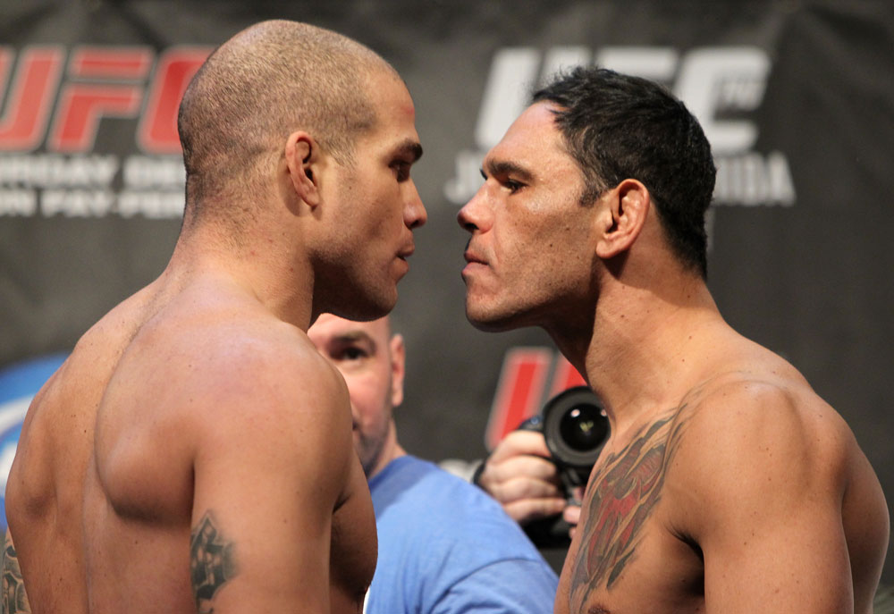 TORONTO, ON - DECEMBER 09:  (L-R) Light Heavyweight opponents Tito Ortiz and Antonio Rogerio  Nogueira face off after weighing in during the UFC 140 Official Weigh-in at the Air Canada Centre on December 9, 2011 in Toronto, Canada.  (Photo by Josh Hedges/Zuffa LLC/Zuffa LLC via Getty Images)