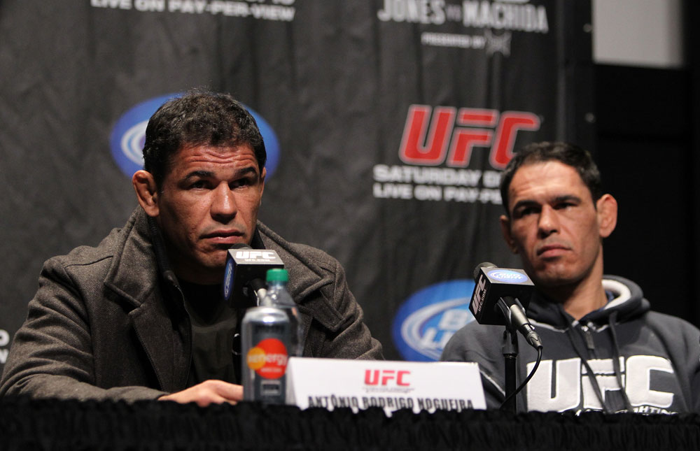 TORONTO, ON - DECEMBER 08: (L-R) Twin brothers Antonio Rodrigo "Minotauro" Nogueira and Antonio Rogerio "Minotoro" Nogueira attend the final UFC 140 pre-fight press conference at Bell Tiff Lightbox Cinema1 on December 8, 2011 in Toronto, Canada. (Photo by Josh Hedges/Zuffa LLC/Zuffa LLC via Getty Images)