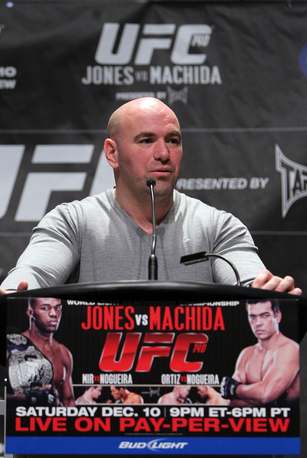 TORONTO, ON - DECEMBER 08: UFC President Dana White attends the final UFC 140 pre-fight press conference at Bell Tiff Lightbox Cinema1 on December 8, 2011 in Toronto, Canada. (Photo by Josh Hedges/Zuffa LLC/Zuffa LLC via Getty Images)