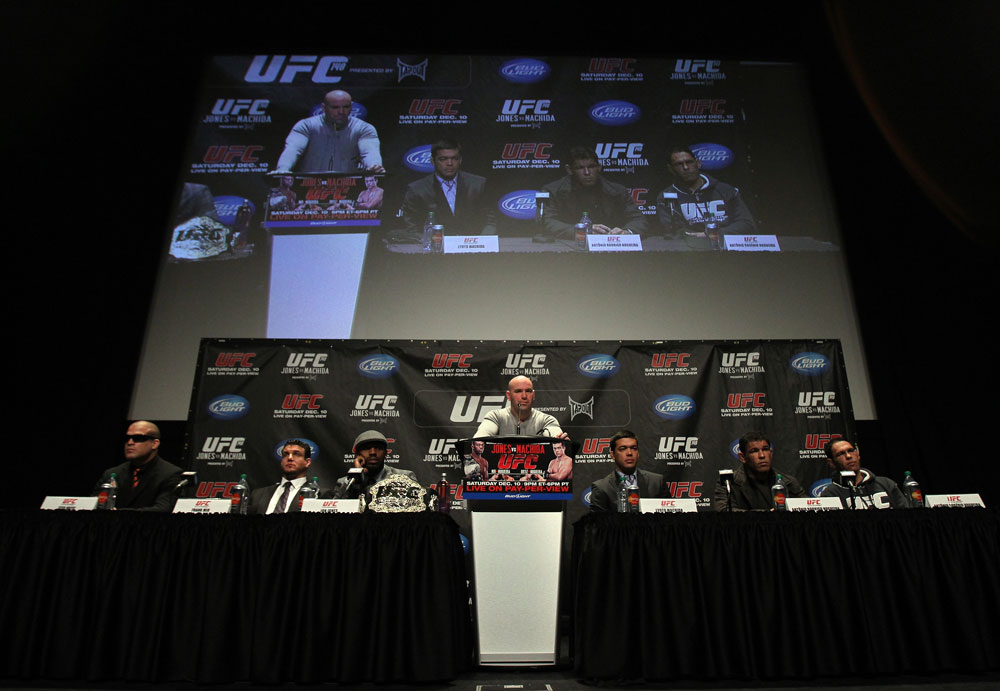 TORONTO, ON - DECEMBER 08:  A general view of the dais at the final UFC 140 pre-fight press conference at Bell Tiff Lightbox Cinema1 on December 8, 2011 in Toronto, Canada.  (Photo by Josh Hedges/Zuffa LLC/Zuffa LLC via Getty Images)