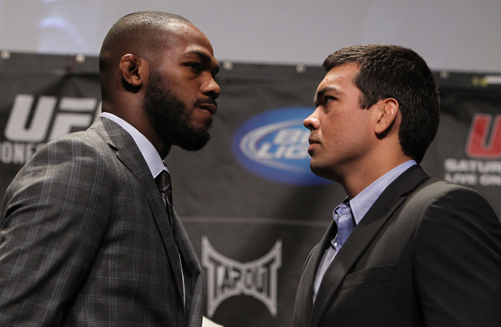TORONTO, ON - DECEMBER 08: (L-R) UFC Light Heavyweight Champion Jon Jones and opponent Lyoto Machida face off at the final UFC 140 pre-fight press conference at Bell Tiff Lightbox Cinema1 on December 8, 2011 in Toronto, Canada. (Photo by Josh Hedges/Zuffa LLC/Zuffa LLC via Getty Images)
