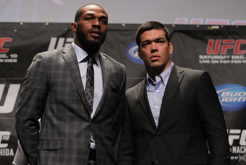 TORONTO, ON - DECEMBER 08: (L-R) UFC Light Heavyweight Champion Jon Jones and opponent Lyoto Machida pose for photos at the final UFC 140 pre-fight press conference at Bell Tiff Lightbox Cinema1 on December 8, 2011 in Toronto, Canada. (Photo by Josh Hedges/Zuffa LLC/Zuffa LLC via Getty Images)
