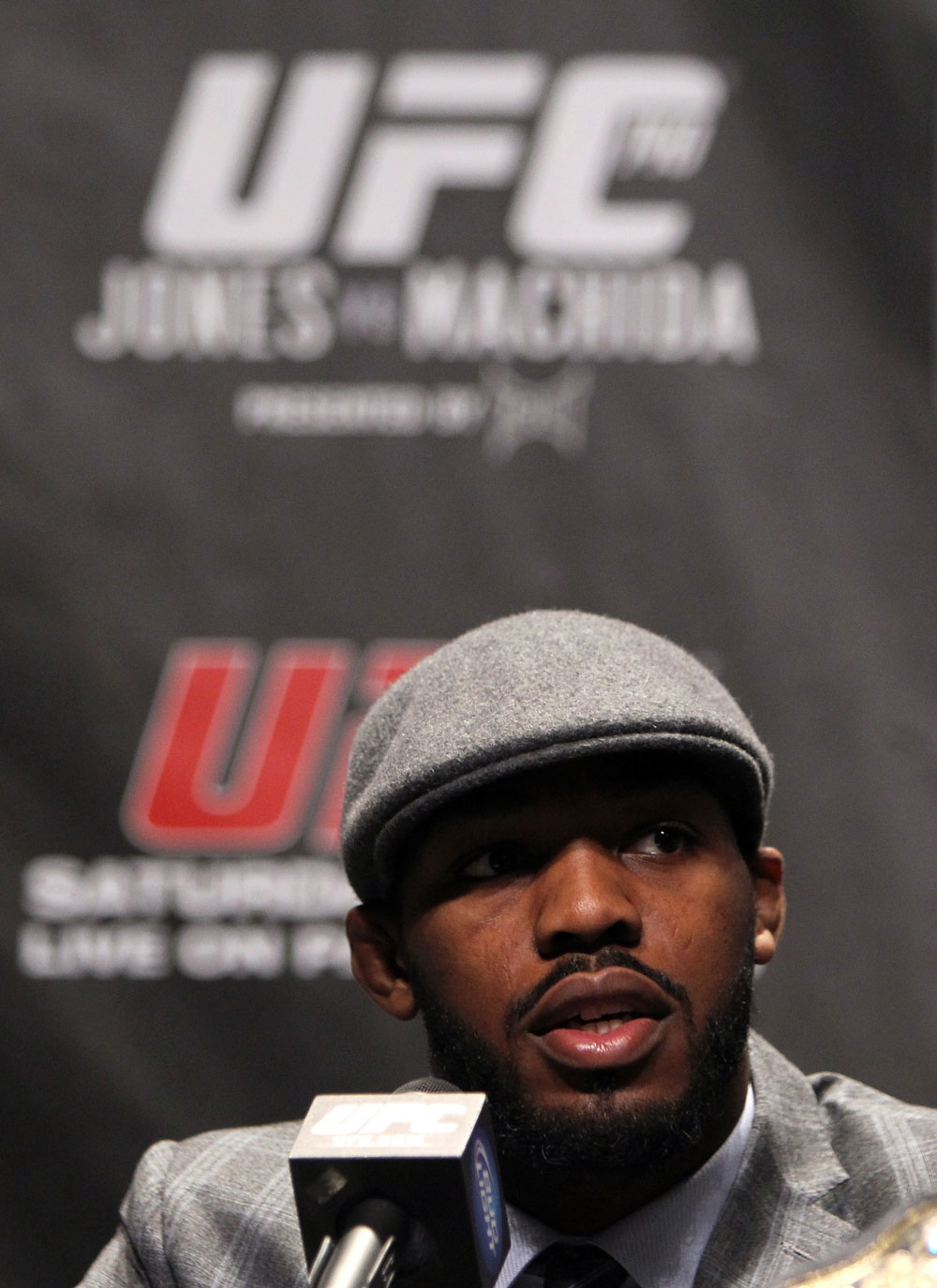 TORONTO, ON - DECEMBER 08: UFC Light Heavyweight Champion Jon "Bones" Jones attends the final UFC 140 pre-fight press conference at Bell Tiff Lightbox Cinema1 on December 8, 2011 in Toronto, Canada. (Photo by Josh Hedges/Zuffa LLC/Zuffa LLC via Getty Images)
