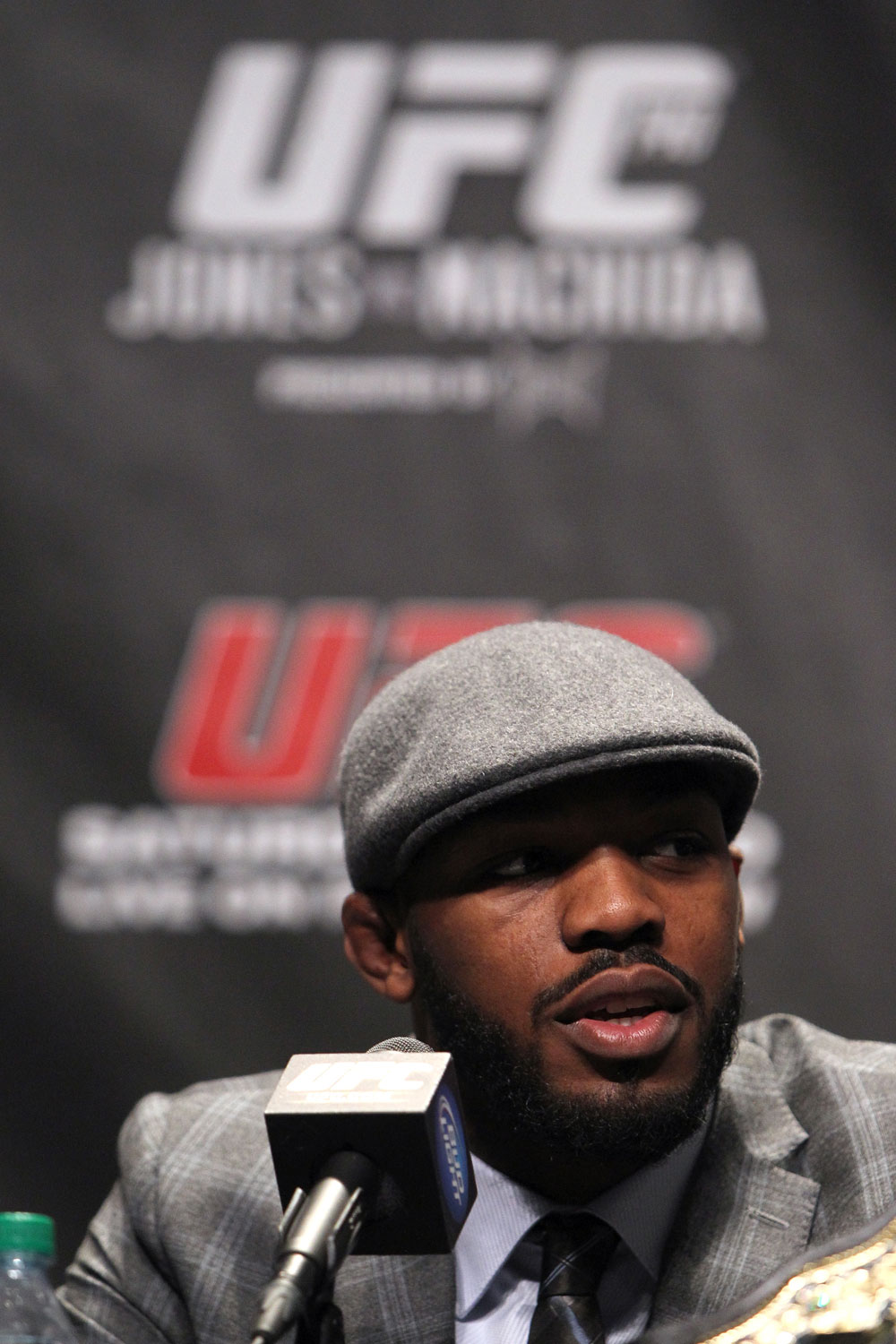 TORONTO, ON - DECEMBER 08: UFC Light Heavyweight Champion Jon "Bones" Jones attends the final UFC 140 pre-fight press conference at Bell Tiff Lightbox Cinema1 on December 8, 2011 in Toronto, Canada. (Photo by Josh Hedges/Zuffa LLC/Zuffa LLC via Getty Images)