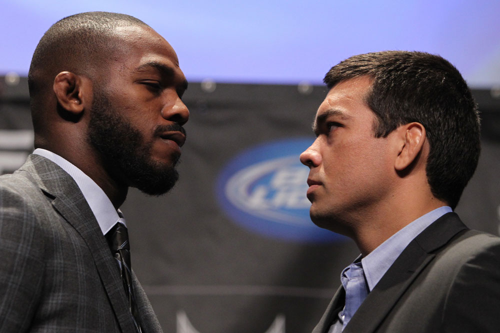 TORONTO, ON - DECEMBER 08: (L-R) UFC Light Heavyweight Champion Jon Jones and opponent Lyoto Machida face off at the final UFC 140 pre-fight press conference at Bell Tiff Lightbox Cinema1 on December 8, 2011 in Toronto, Canada. (Photo by Josh Hedges/Zuffa LLC/Zuffa LLC via Getty Images)