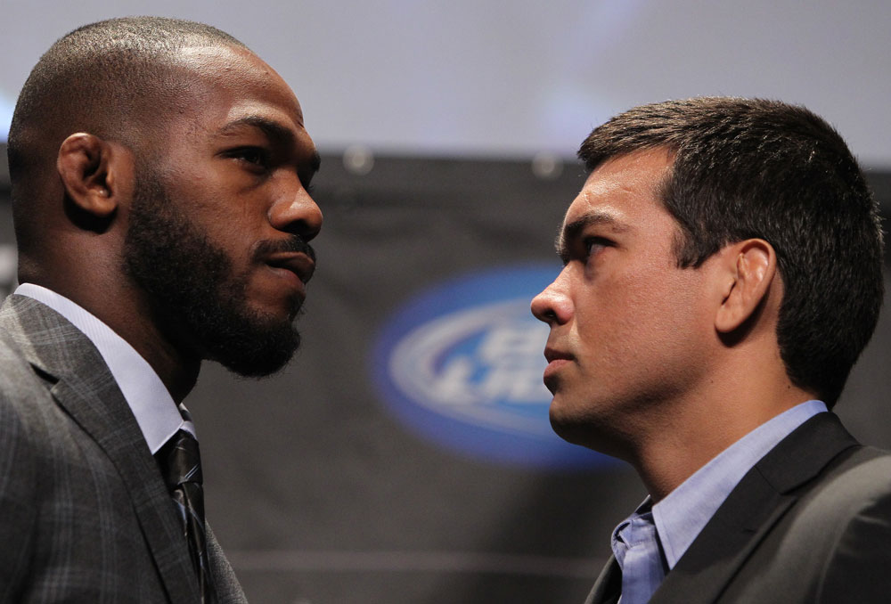 TORONTO, ON - DECEMBER 08: (L-R) UFC Light Heavyweight Champion Jon Jones and opponent Lyoto Machida face off at the final UFC 140 pre-fight press conference at Bell Tiff Lightbox Cinema1 on December 8, 2011 in Toronto, Canada. (Photo by Josh Hedges/Zuffa LLC/Zuffa LLC via Getty Images)