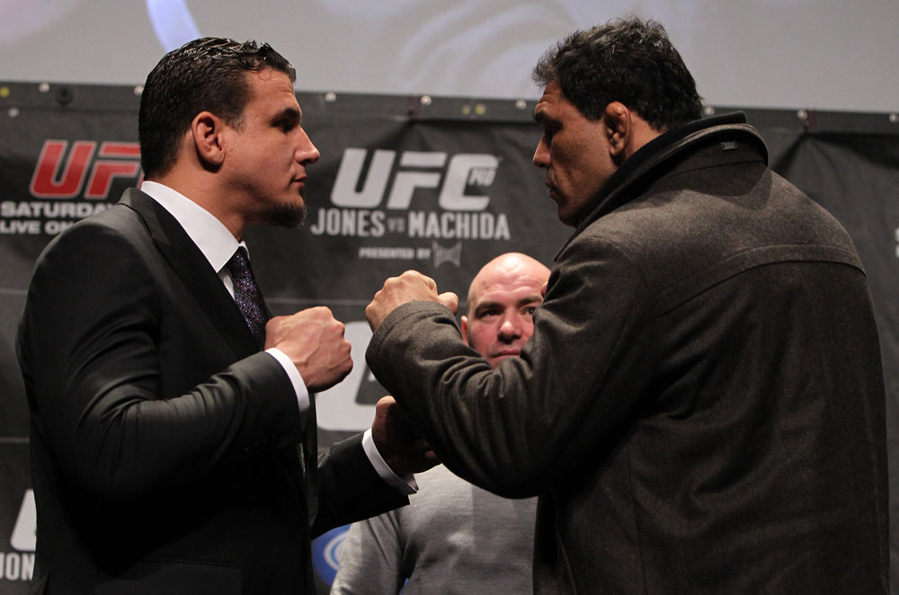 TORONTO, ON - DECEMBER 08: (L-R) Heavyweight opponents Frank Mir and Antonio Rodrigo "Minotauro" Nogueira face off at the final UFC 140 pre-fight press conference at Bell Tiff Lightbox Cinema1 on December 8, 2011 in Toronto, Canada. (Photo by Josh Hedges/Zuffa LLC/Zuffa LLC via Getty Images)