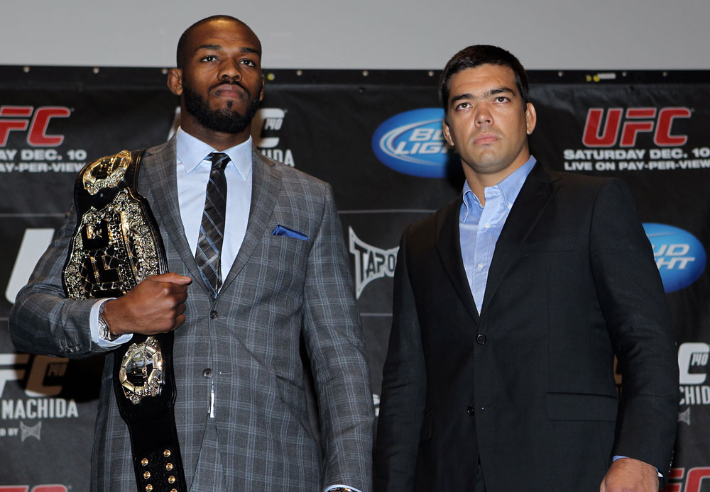 TORONTO, ON - DECEMBER 08: (L-R) UFC Light Heavyweight Champion Jon Jones and opponent Lyoto Machida pose for photos at the final UFC 140 pre-fight press conference at Bell Tiff Lightbox Cinema1 on December 8, 2011 in Toronto, Canada. (Photo by Josh Hedges/Zuffa LLC/Zuffa LLC via Getty Images)