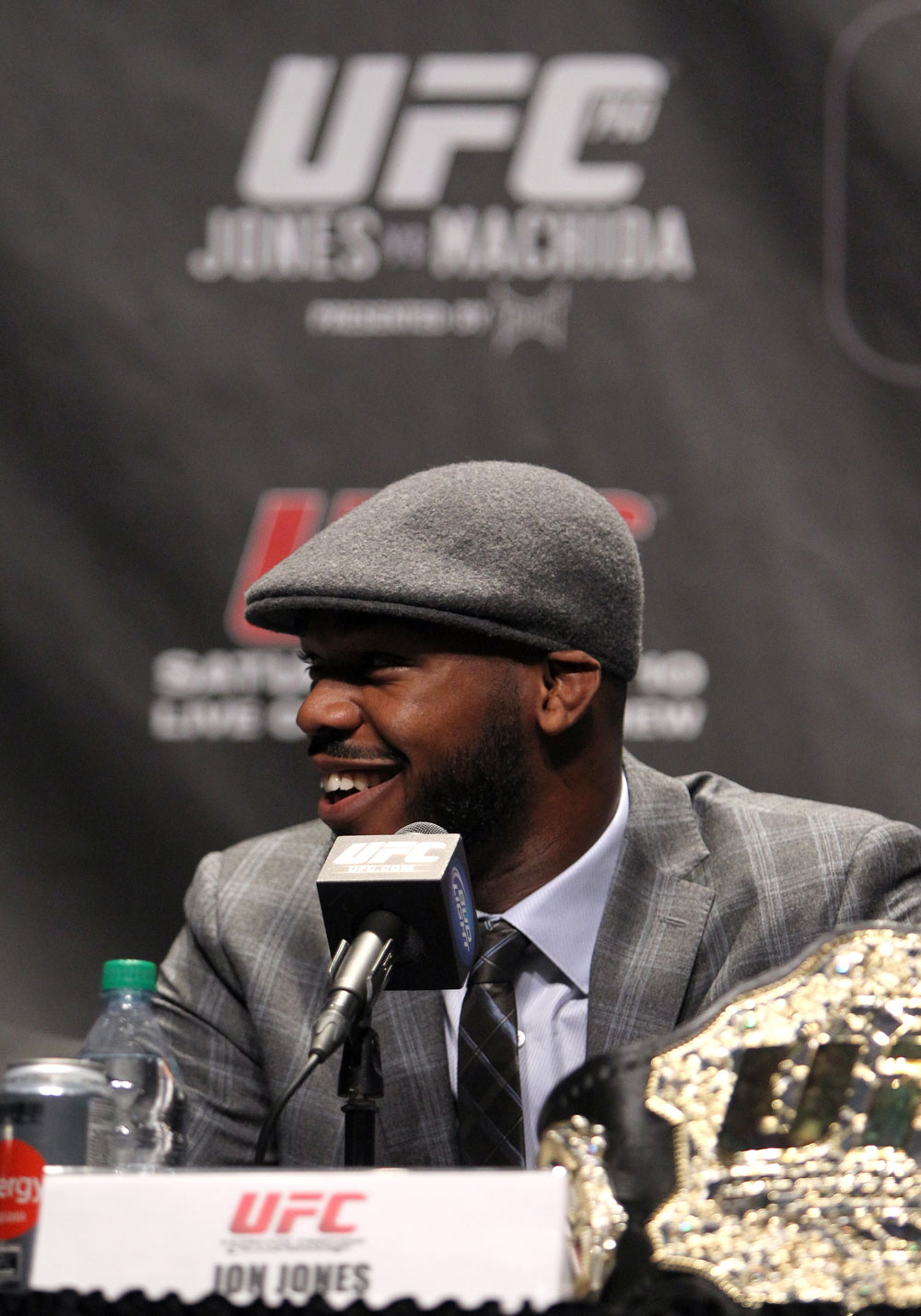 TORONTO, ON - DECEMBER 08: UFC Light Heavyweight Champion Jon "Bones" Jones attends the final UFC 140 pre-fight press conference at Bell Tiff Lightbox Cinema1 on December 8, 2011 in Toronto, Canada. (Photo by Josh Hedges/Zuffa LLC/Zuffa LLC via Getty Images)