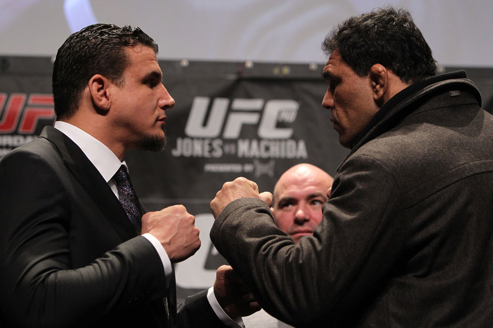 TORONTO, ON - DECEMBER 08: (L-R) Heavyweight opponents Frank Mir and Antonio Rodrigo "Minotauro" Nogueira face off at the final UFC 140 pre-fight press conference at Bell Tiff Lightbox Cinema1 on December 8, 2011 in Toronto, Canada. (Photo by Josh Hedges/Zuffa LLC/Zuffa LLC via Getty Images)