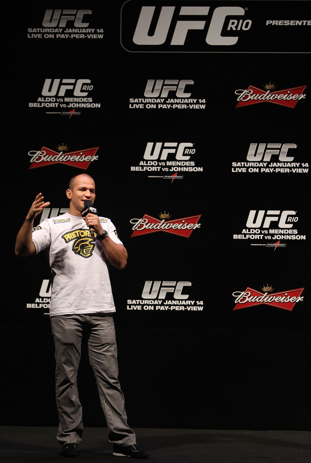 RIO DE JANEIRO, BRAZIL - JANUARY 13: UFC Heavyweight Champion Junior dos Santos interacts with fans during a Q&A session before the UFC 142 Weigh In at HSBC Arena on January 13, 2012 in Rio de Janeiro, Brazil. (Photo by Josh Hedges/Zuffa LLC/Zuffa LLC via Getty Images)