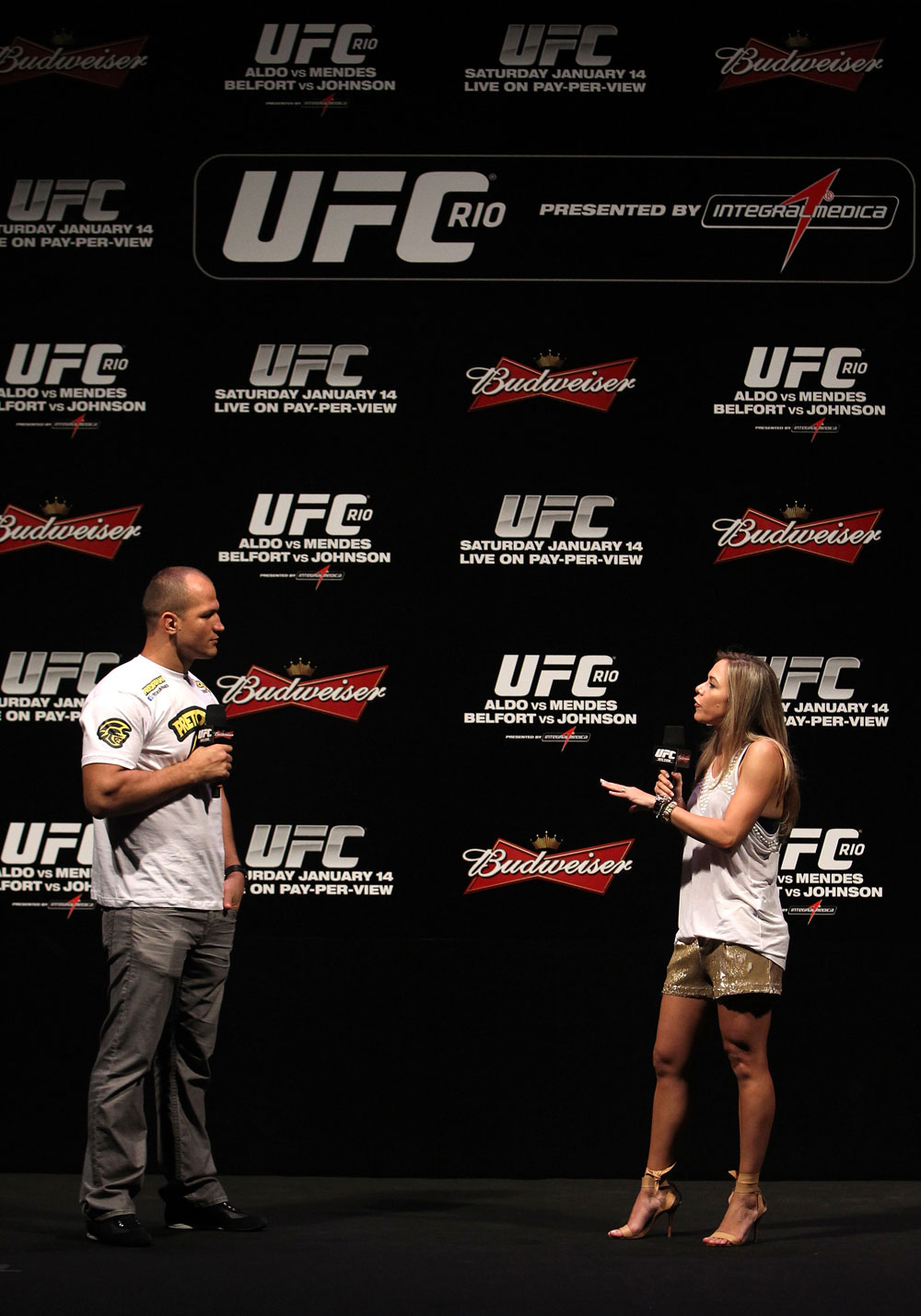 RIO DE JANEIRO, BRAZIL - JANUARY 13: (L-R) UFC Heavyweight Champion Junior dos Santos and UFC host Paula Sack interact with fans during a Q&A session before the UFC 142 Weigh In at HSBC Arena on January 13, 2012 in Rio de Janeiro, Brazil. (Photo by Josh Hedges/Zuffa LLC/Zuffa LLC via Getty Images)