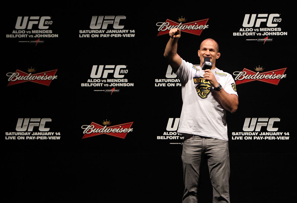 RIO DE JANEIRO, BRAZIL - JANUARY 13: UFC Heavyweight Champion Junior dos Santos interacts with fans during a Q&A session before the UFC 142 Weigh In at HSBC Arena on January 13, 2012 in Rio de Janeiro, Brazil. (Photo by Josh Hedges/Zuffa LLC/Zuffa LLC via Getty Images)