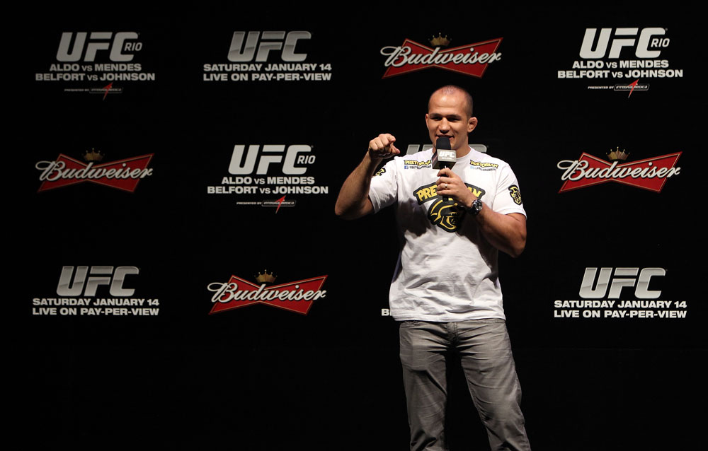 RIO DE JANEIRO, BRAZIL - JANUARY 13: UFC Heavyweight Champion Junior dos Santos interacts with fans during a Q&A session before the UFC 142 Weigh In at HSBC Arena on January 13, 2012 in Rio de Janeiro, Brazil. (Photo by Josh Hedges/Zuffa LLC/Zuffa LLC via Getty Images)