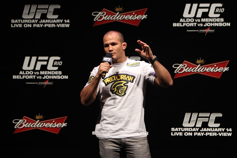RIO DE JANEIRO, BRAZIL - JANUARY 13: UFC Heavyweight Champion Junior dos Santos interacts with fans during a Q&A session before the UFC 142 Weigh In at HSBC Arena on January 13, 2012 in Rio de Janeiro, Brazil. (Photo by Josh Hedges/Zuffa LLC/Zuffa LLC via Getty Images)