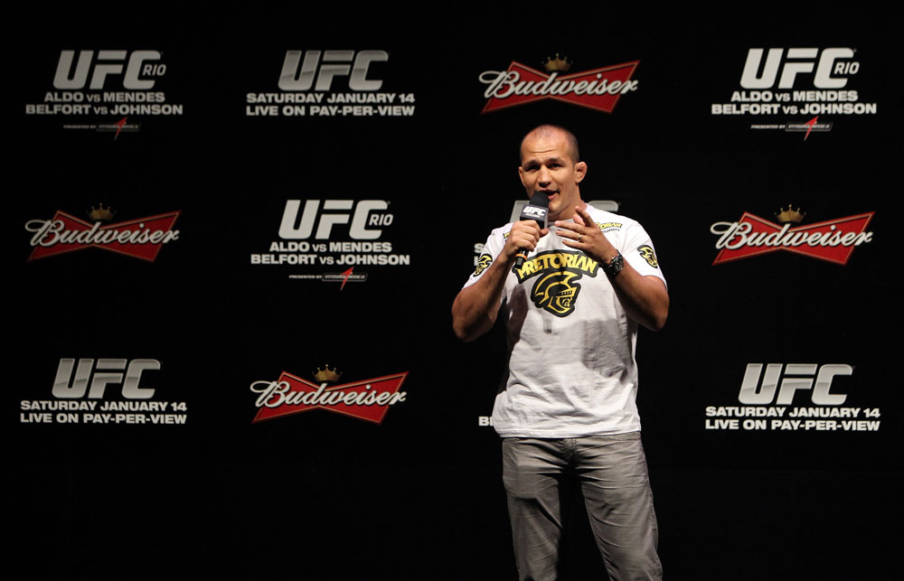 RIO DE JANEIRO, BRAZIL - JANUARY 13: UFC Heavyweight Champion Junior dos Santos interacts with fans during a Q&A session before the UFC 142 Weigh In at HSBC Arena on January 13, 2012 in Rio de Janeiro, Brazil. (Photo by Josh Hedges/Zuffa LLC/Zuffa LLC via Getty Images)