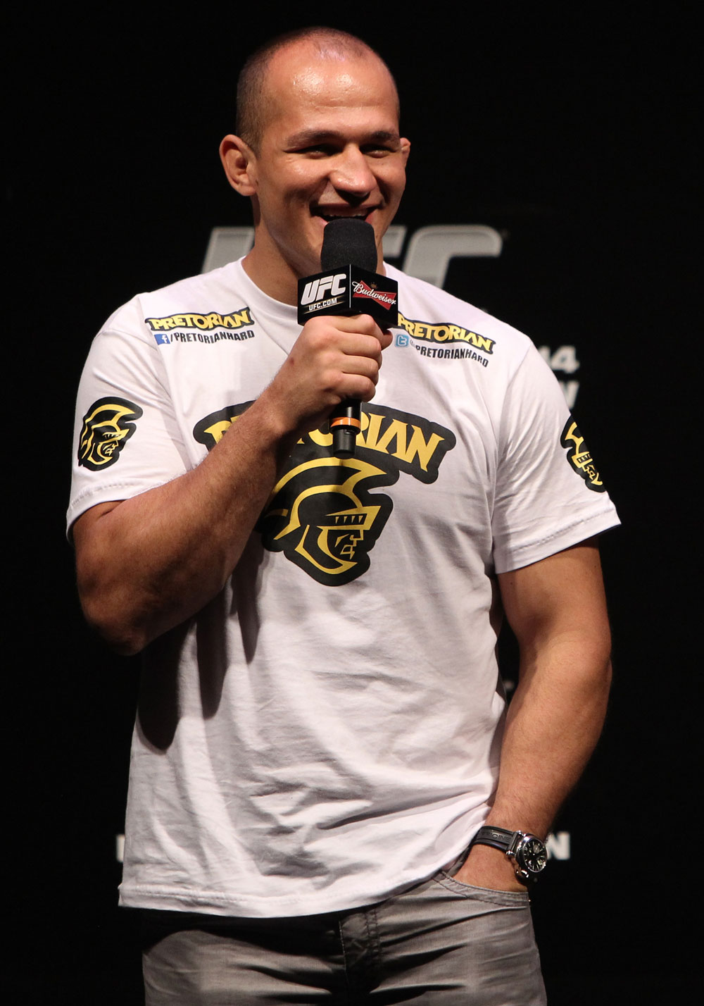 RIO DE JANEIRO, BRAZIL - JANUARY 13: UFC Heavyweight Champion Junior dos Santos interacts with fans during a Q&A session before the UFC 142 Weigh In at HSBC Arena on January 13, 2012 in Rio de Janeiro, Brazil. (Photo by Josh Hedges/Zuffa LLC/Zuffa LLC via Getty Images)